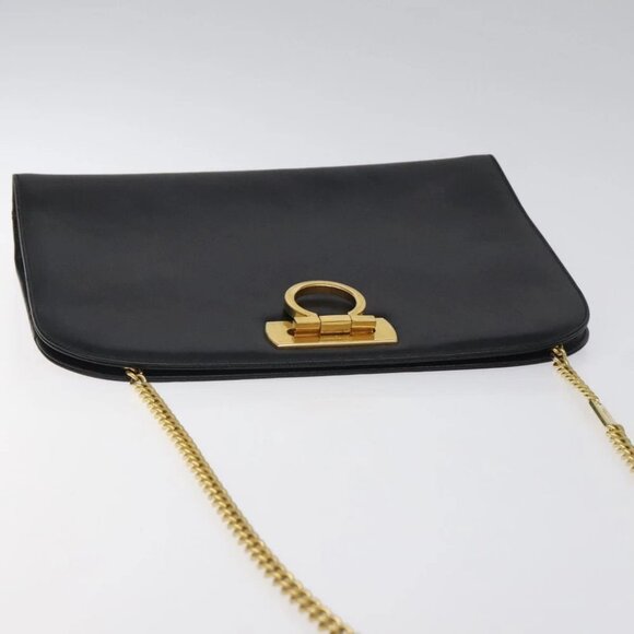 Salvatore Ferragamo Gancini Chain Shoulder Bag Leather Black Gold - Picture 7 of 16